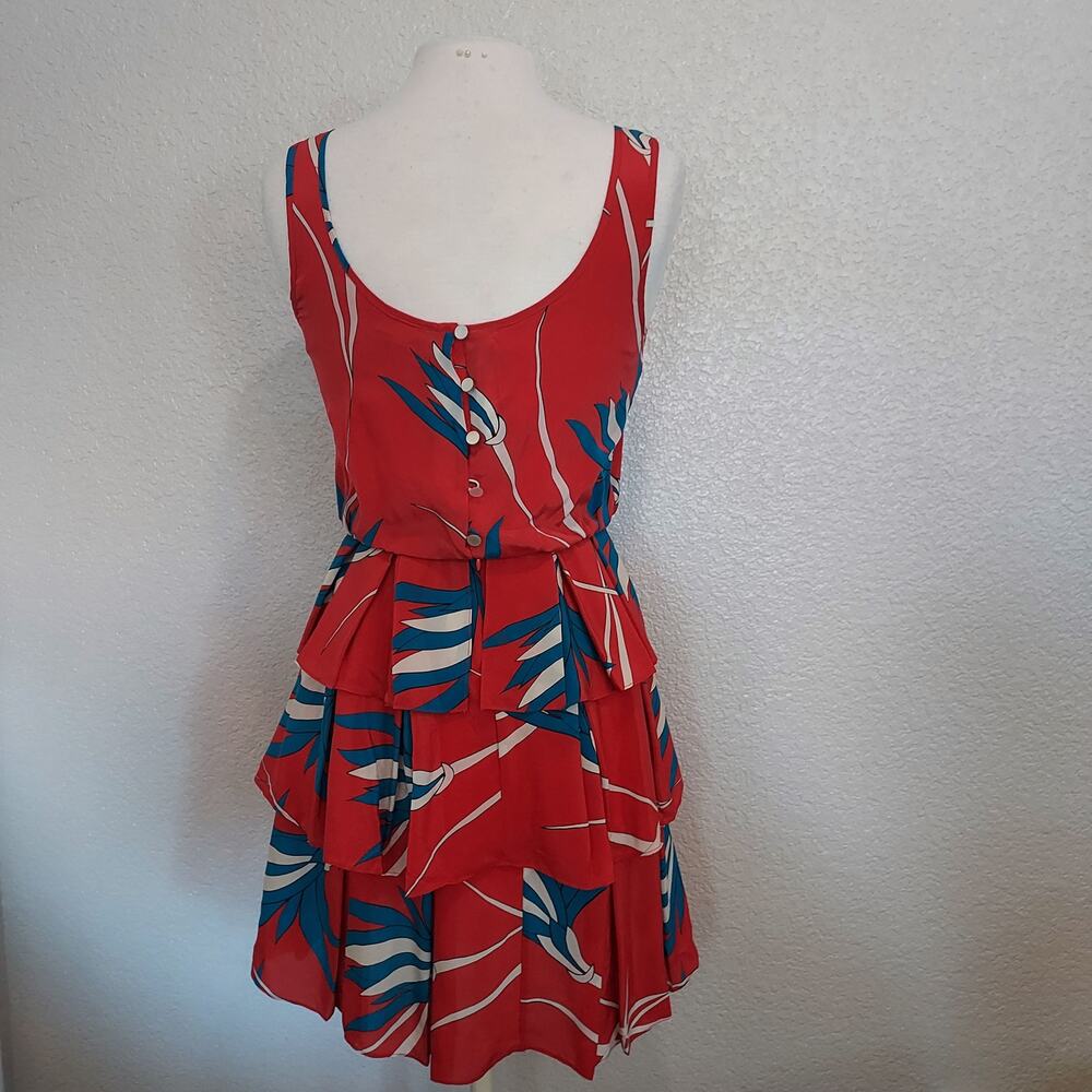 Sariah 100% Silk Red Palm Print Sleeveless Layered Dress Size 4 - Picture 8 of 13